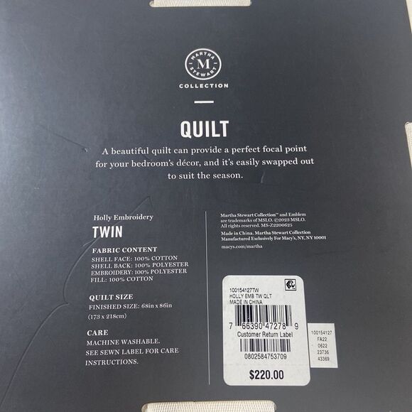 Martha Stewart Collection Holly Embroidery Twin Quilt - Picture 2 of 3